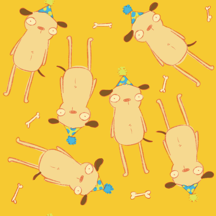 Pattern of cartoon dogs with party hats on a yellow background