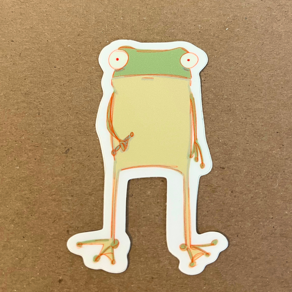 frog with shaka sticker on cardboard background