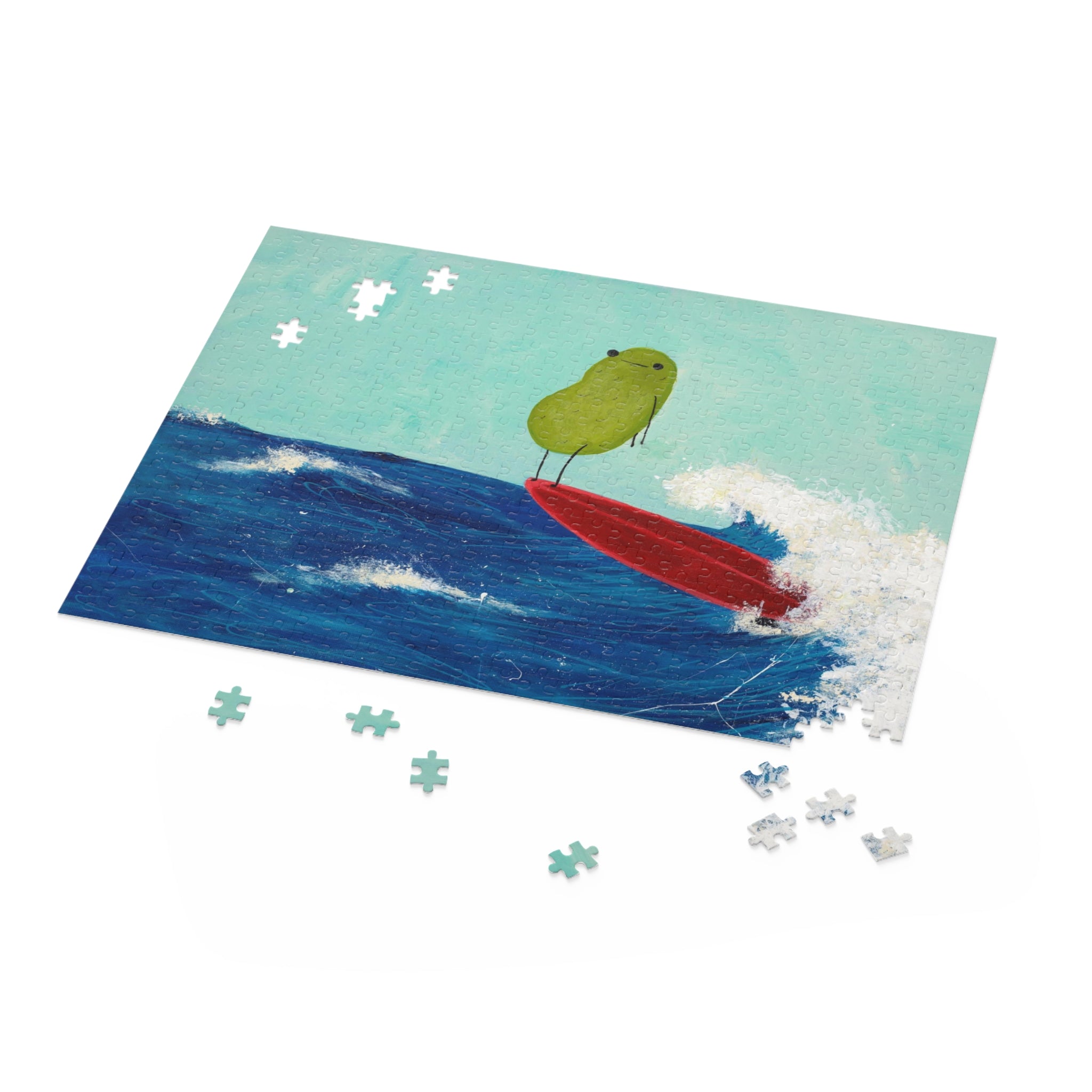 Image of a partially completed 500 piece jigsaw puzzle image containing a whimsical beach scene of a surfing pickle