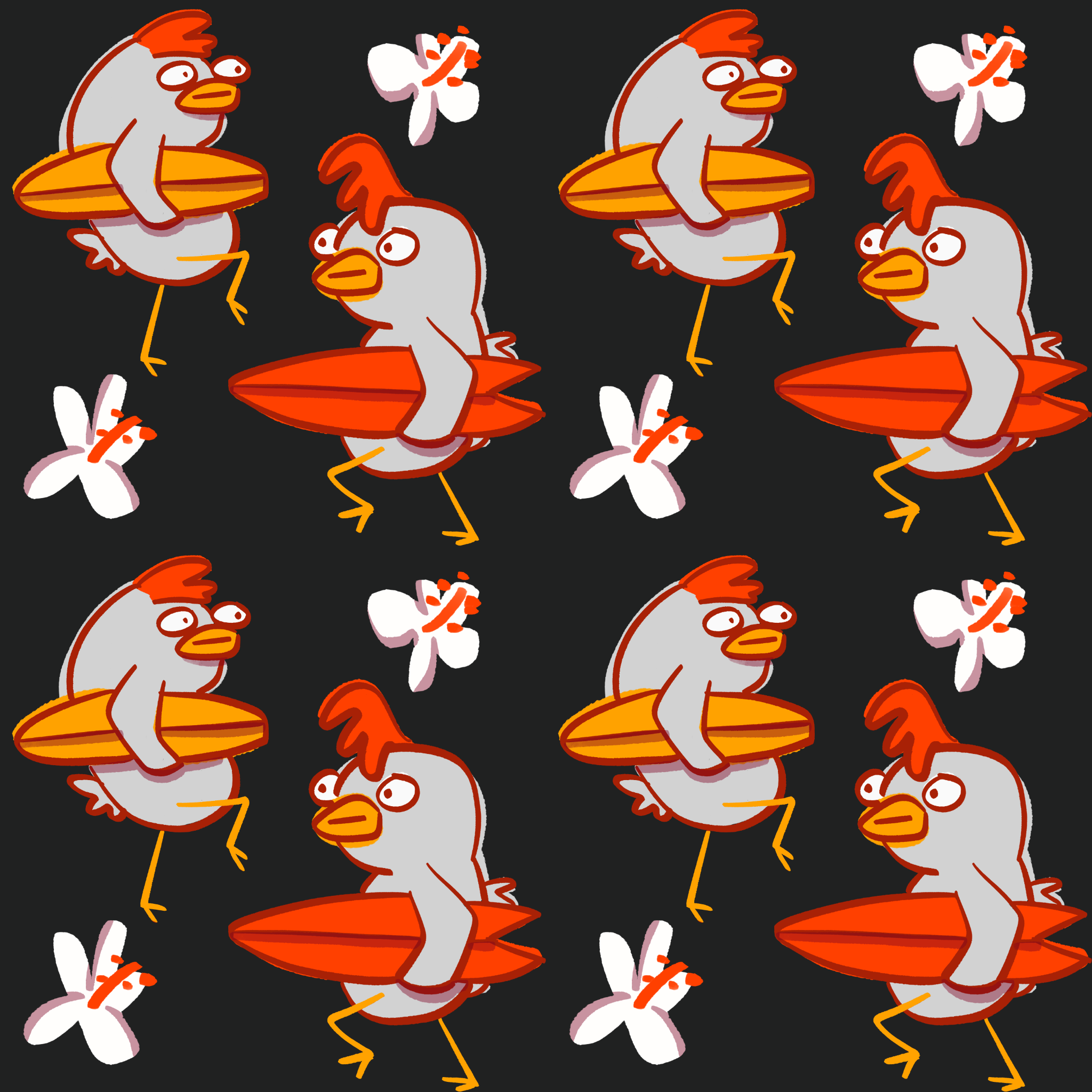 a funky repeat pattern featuring chicken characters carrying surfboards