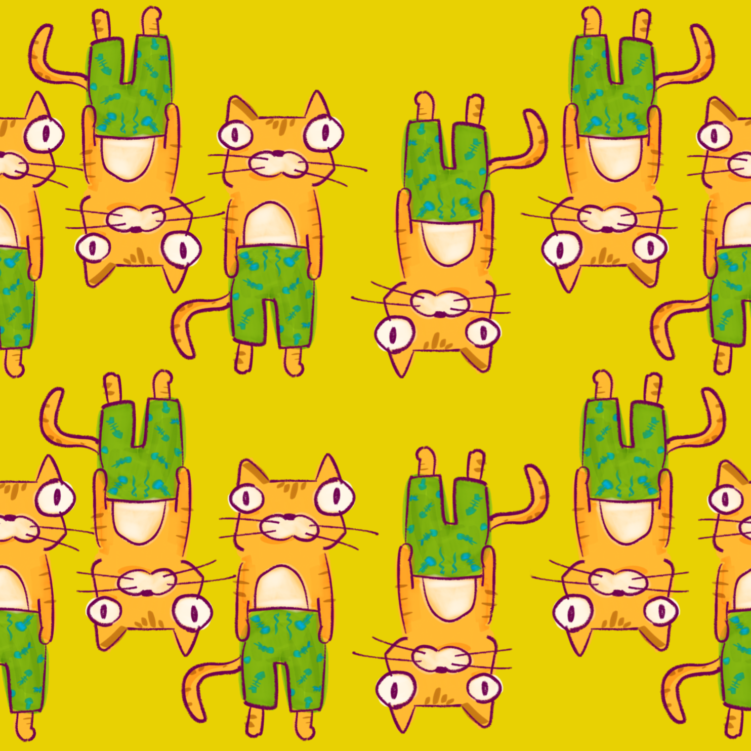 Pattern of cartoon cats in green board shorts on a yellow background