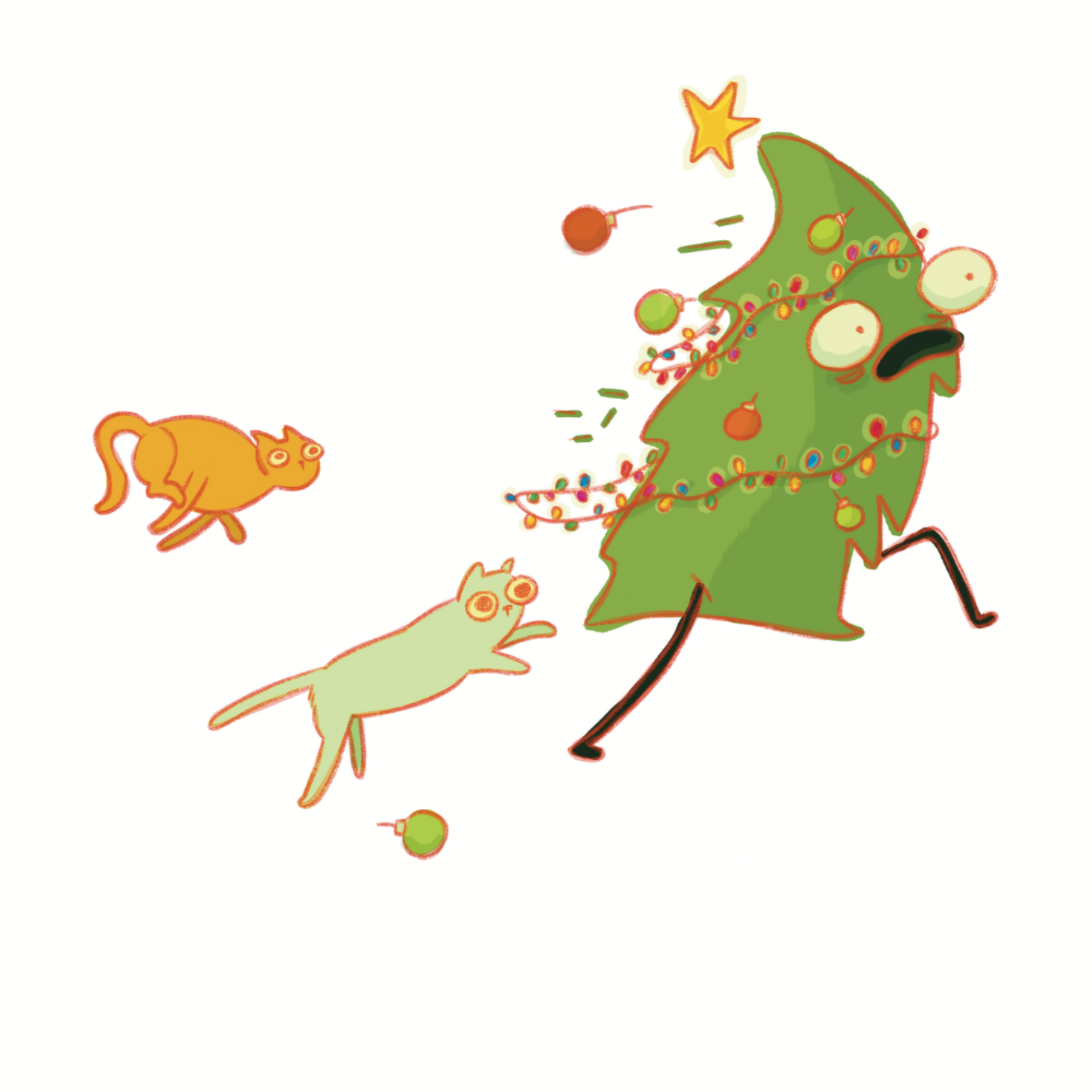 Illustration of a Christmas tree character with cats and ornaments on a white background