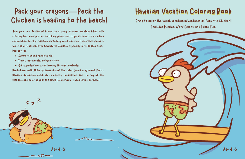 Coloring book for children featuring a cartoon chicken on a surfboard with text about a Hawaiian vacation theme.