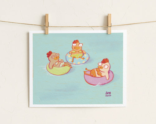 Illustration Art Print of three cartoon chicken characters on inner tubes 