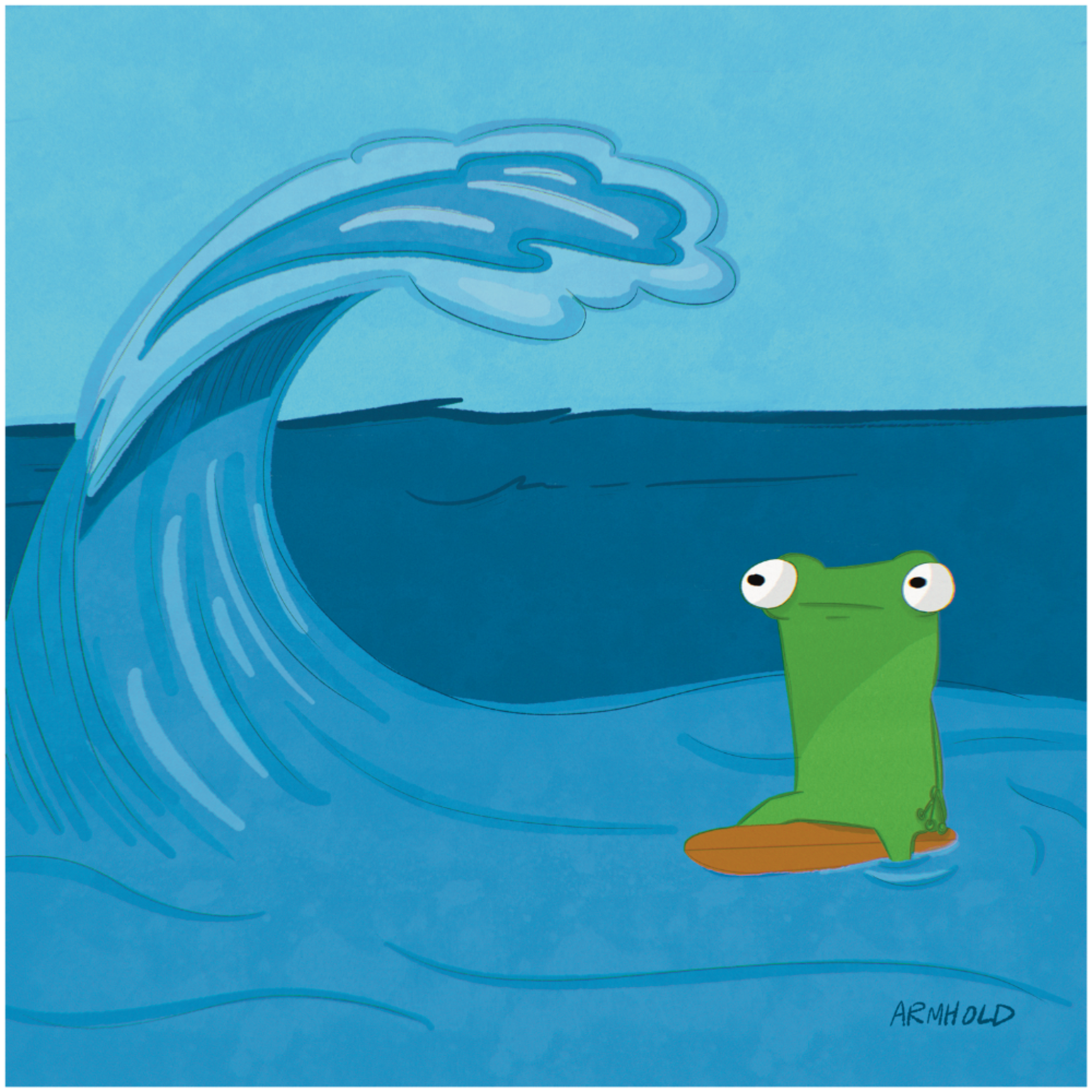Cartoon frog on a leaf in front of a large wave with a blue sky background