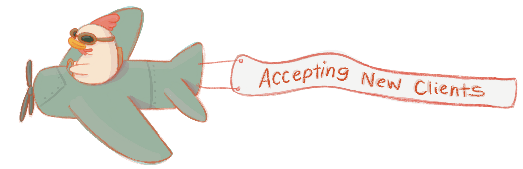 Illustration of a chicken piloting an airplane with a banner saying 'Accepting New Clients' 