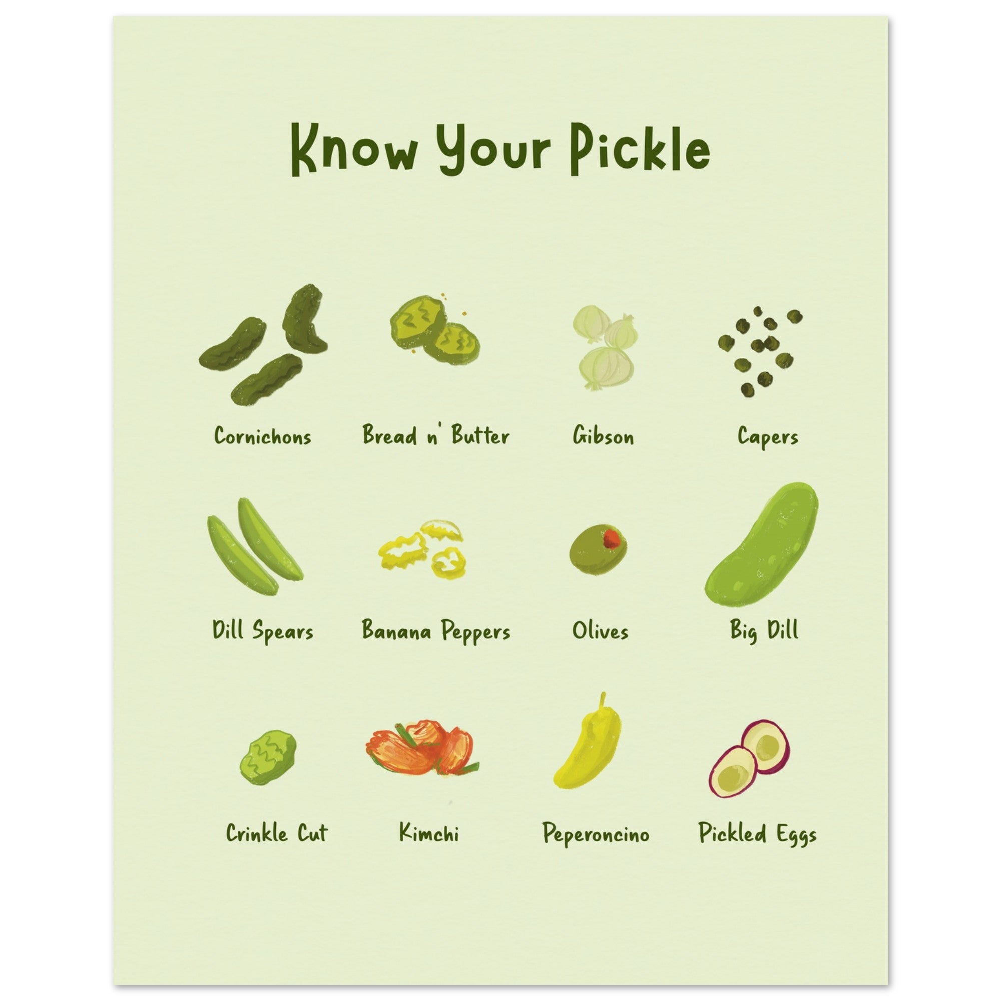 Pickle Art Print featuring various pickle illustrations next to their names in a chart format