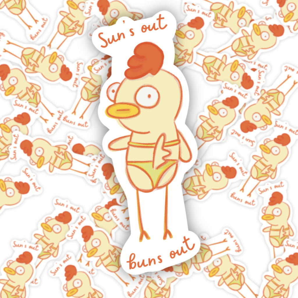Cartoon chicken sticker with 'Sun's out, buns out' text on a patterned background