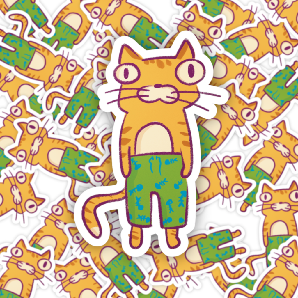 Sticker of a cat in green pants on a background of similar cat stickers.