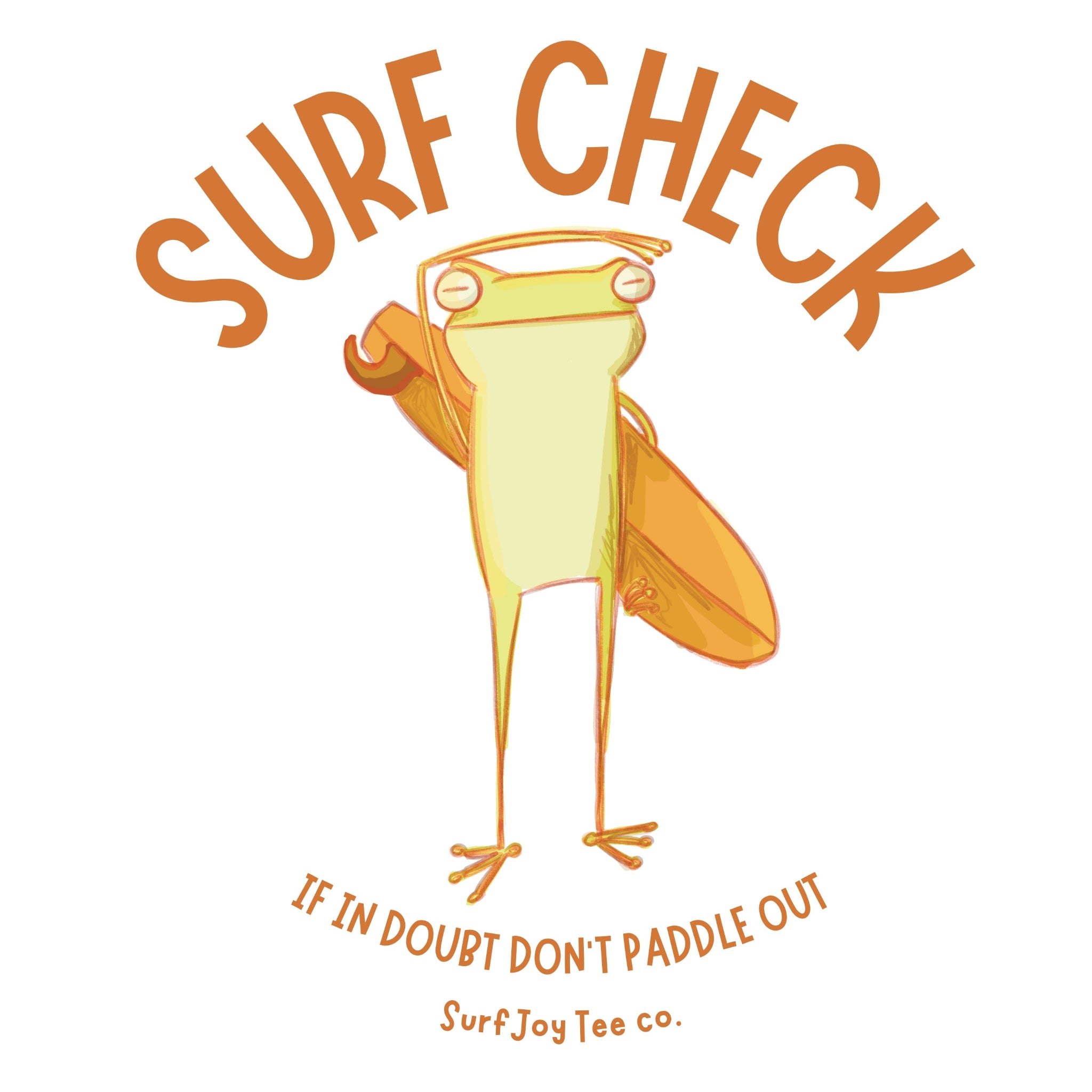 Illustration of a frog with a surfboard and 'Surf Check' text on a white background