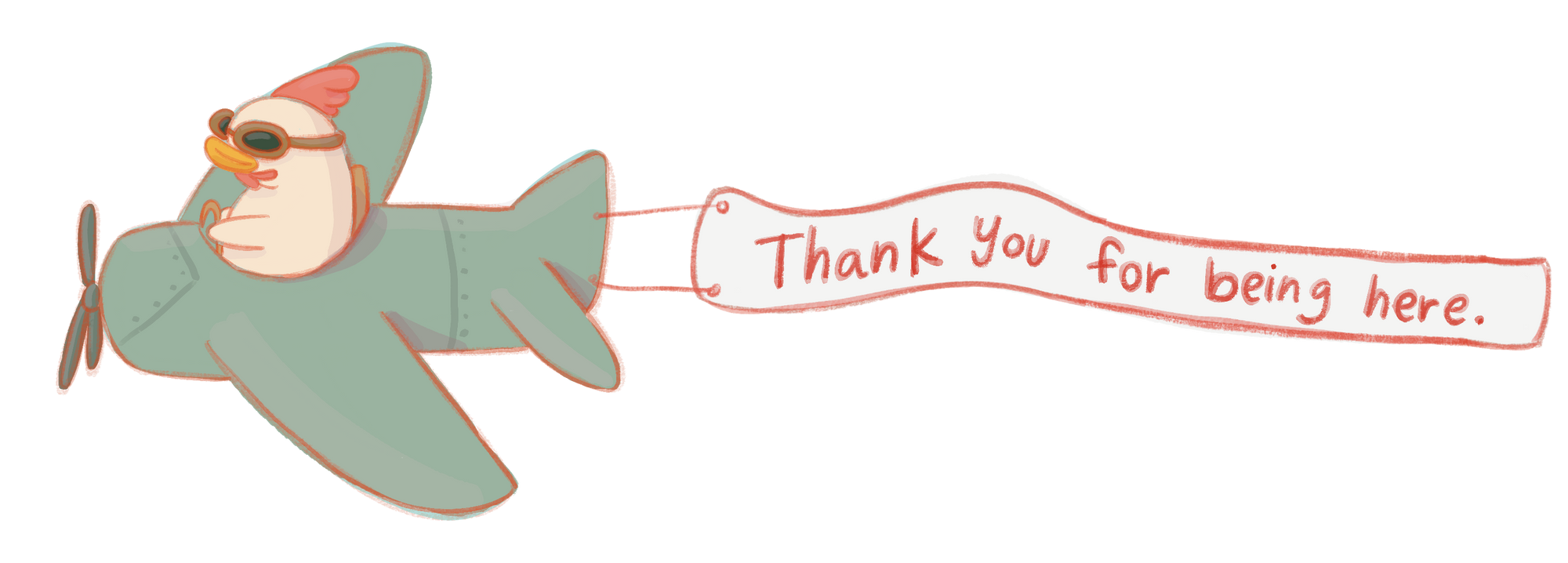 Illustration of a chicken character piloting an airplane that is lying a banner that says "thank you for being here"