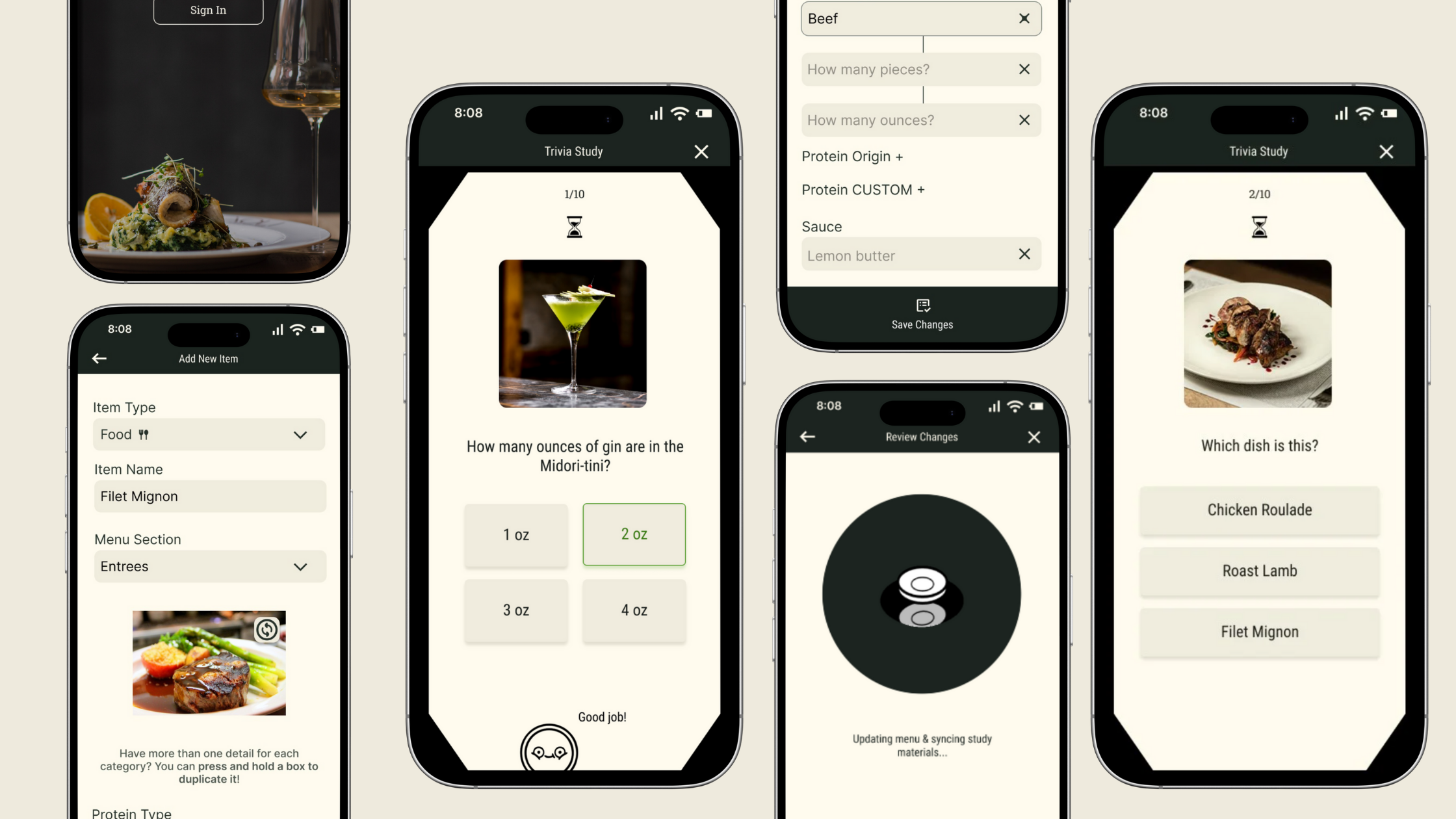 Multiple smartphone screens displaying a food ordering app interface.