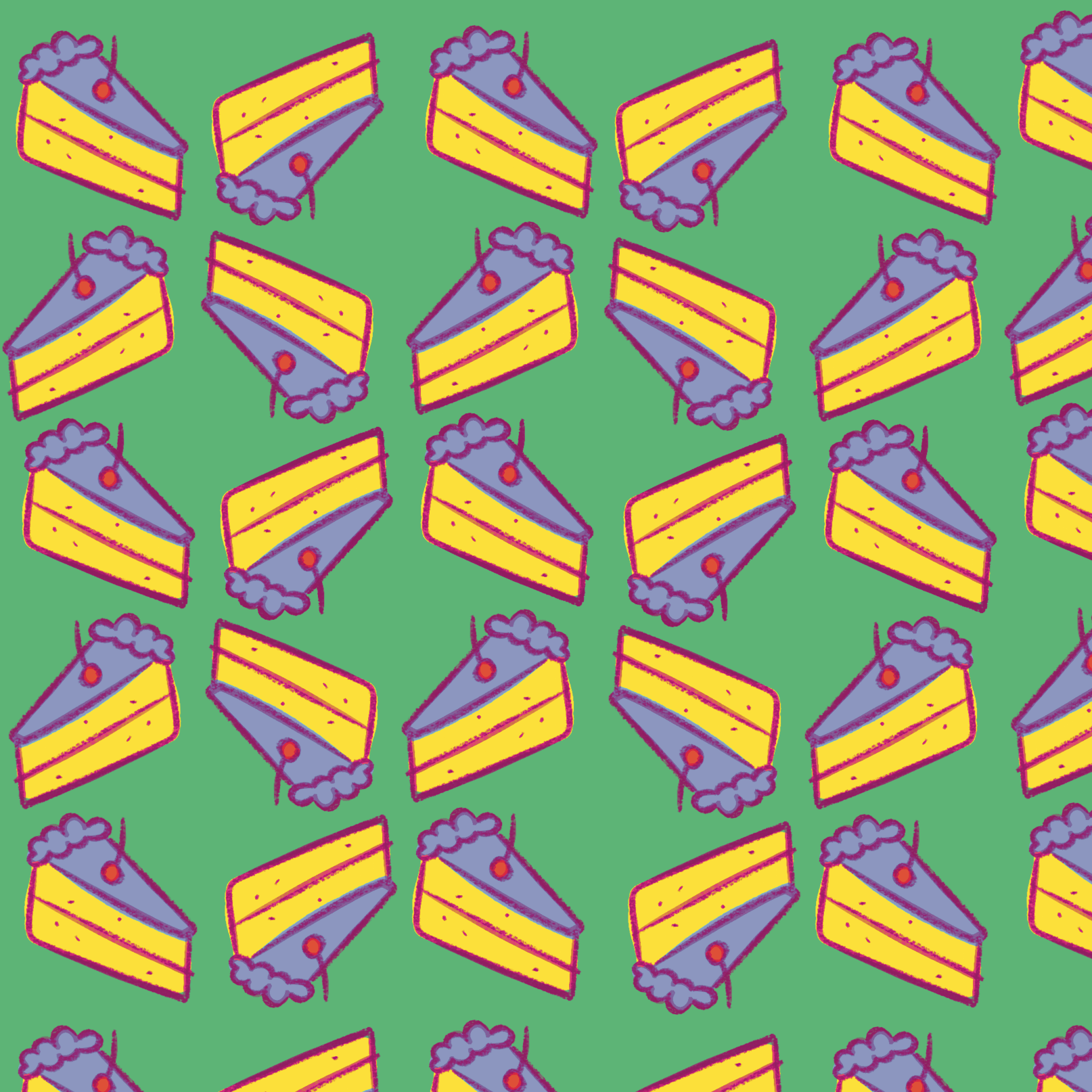 Pattern of cake slices with purple and yellow layers on a green background