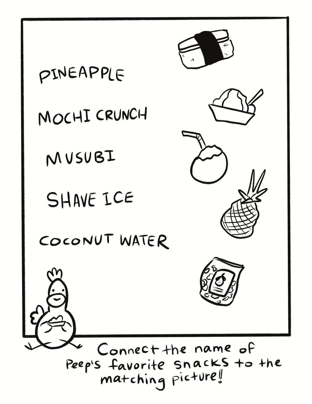 Illustration of a list of Hawaiian snacks with corresponding images and a cartoon chicken character.