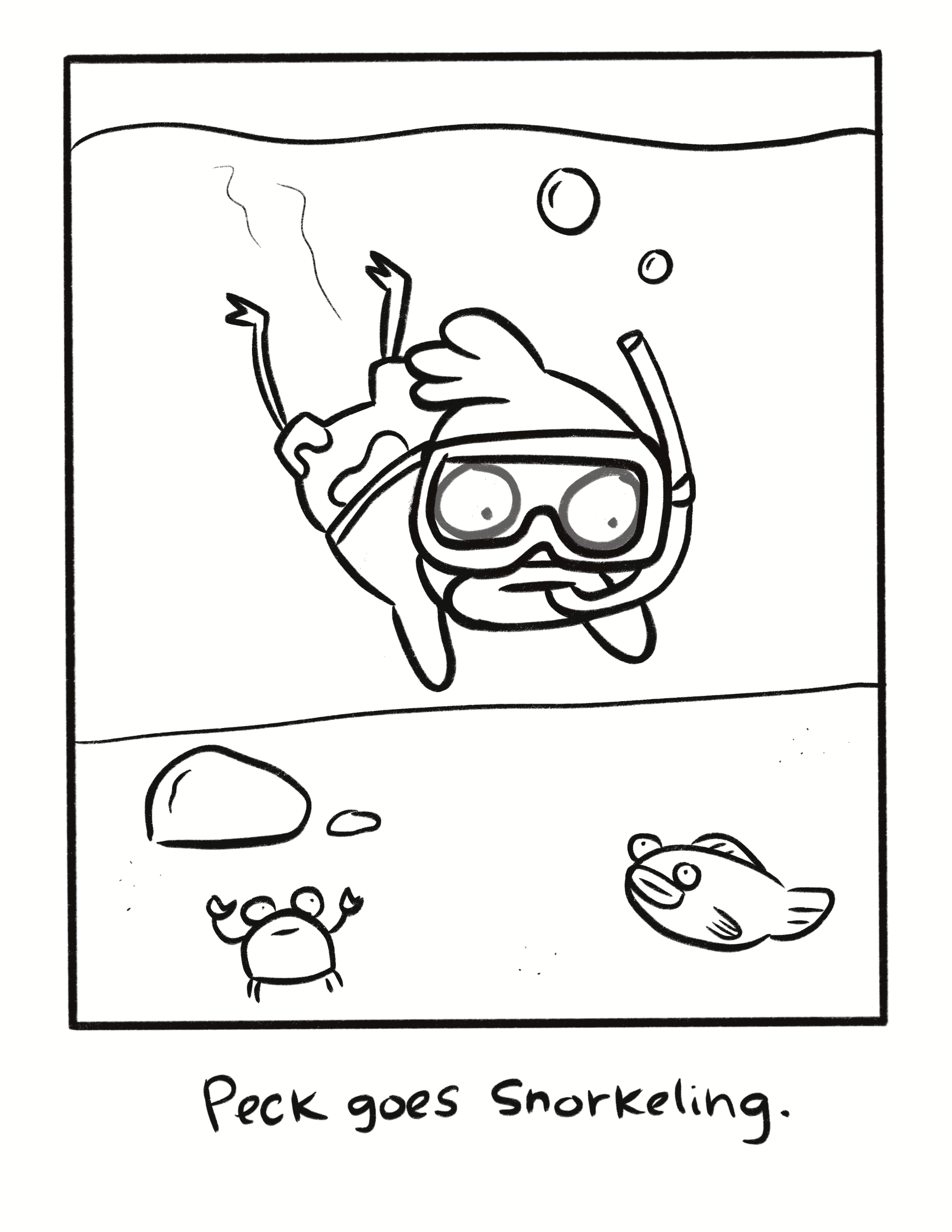 Cartoon character Peck snorkeling underwater with text 'Peck goes snorkeling.'