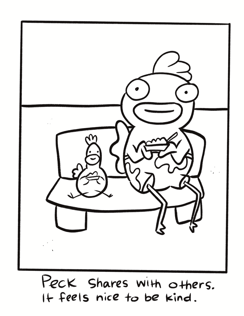 Cartoon character sitting on a bench with a smaller character, accompanied by the text 'Peck shares with others. It feels nice to be kind.