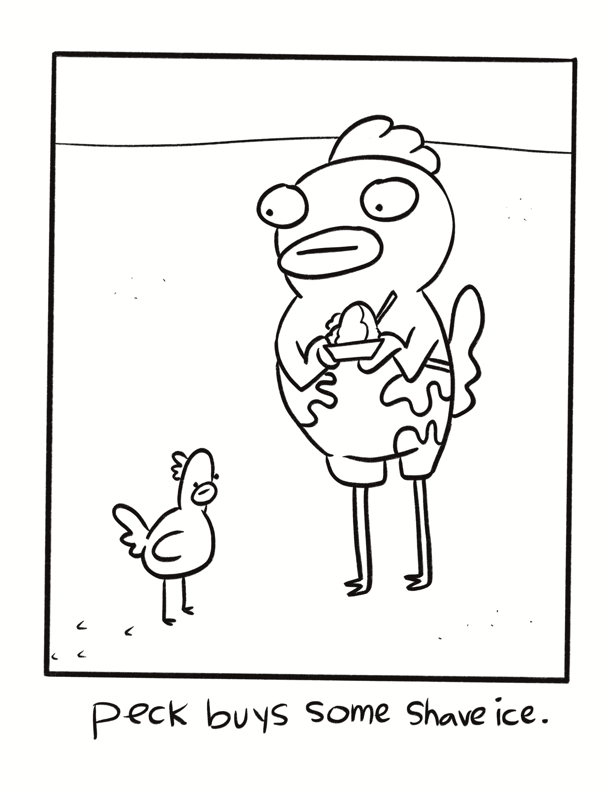 Cartoon character holding a shave ice with a smaller character looking up, text 'Peck buys some shave ice'.