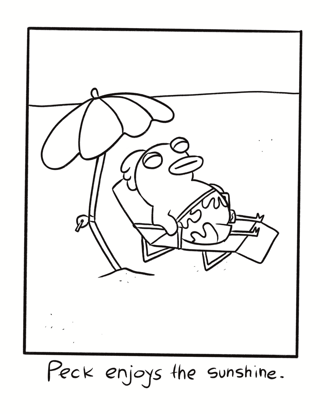 Cartoon character under an umbrella with text 'Peck enjoys the sunshine'.