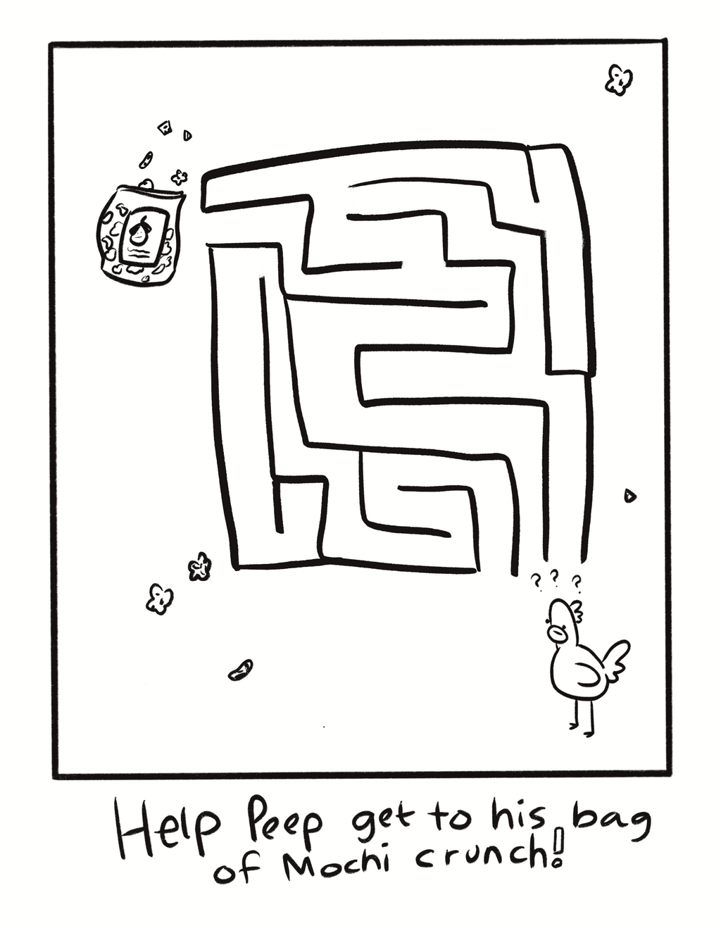 Cartoon maze with a character looking for a bag of mochi crunch, with text 'Help Peep get to his bag of mochi crunch!'.