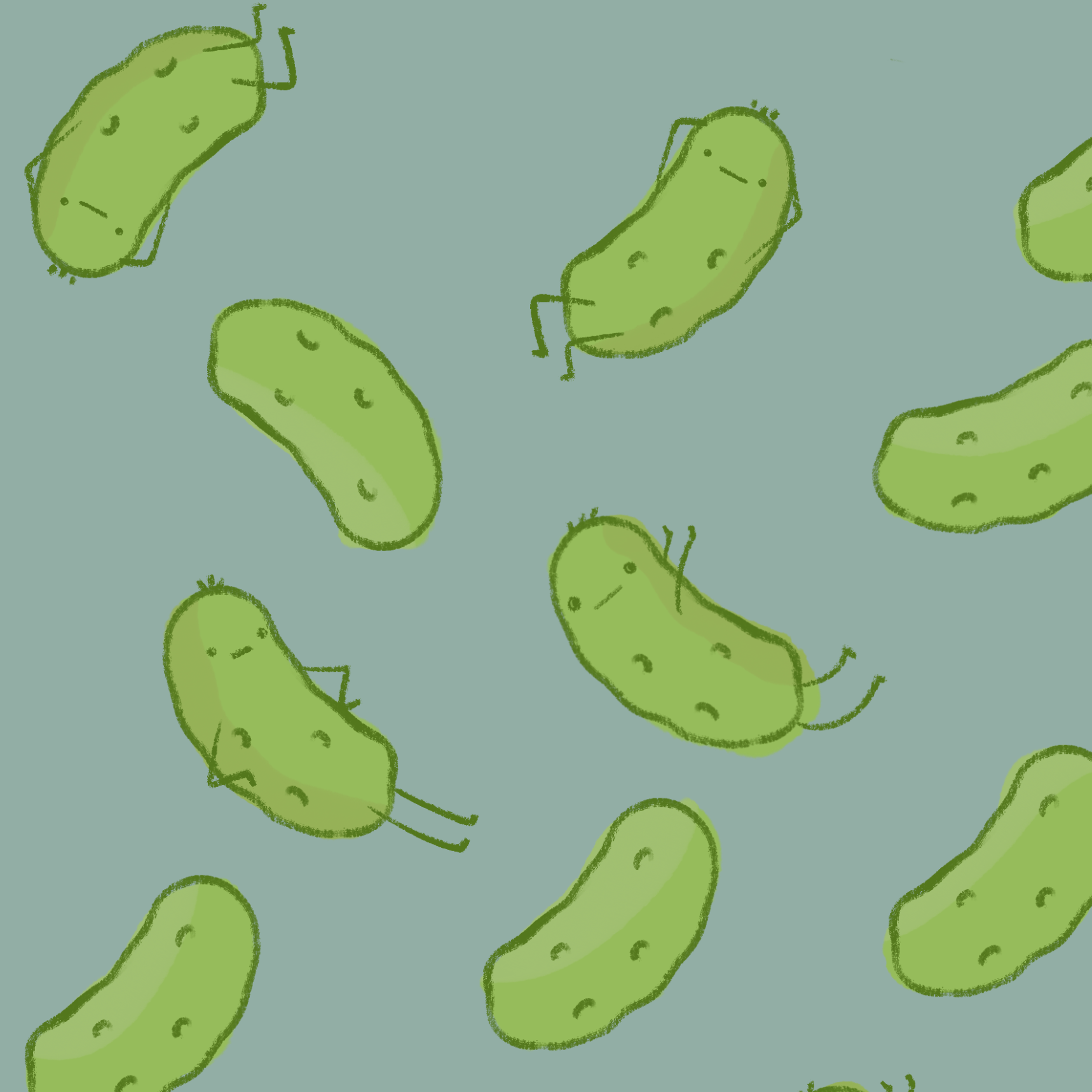 Pattern of green pickles on a light blue background