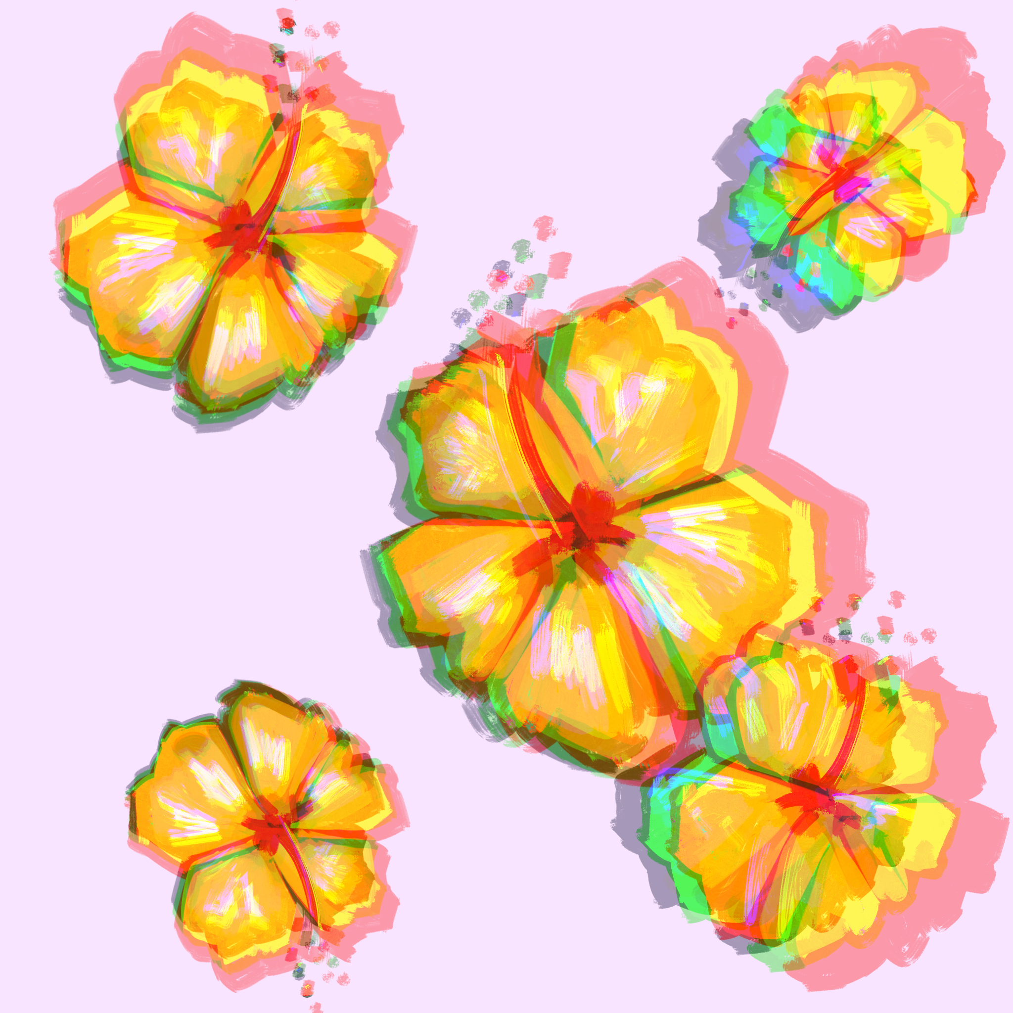 Colorful flower-shaped objects on a pink background