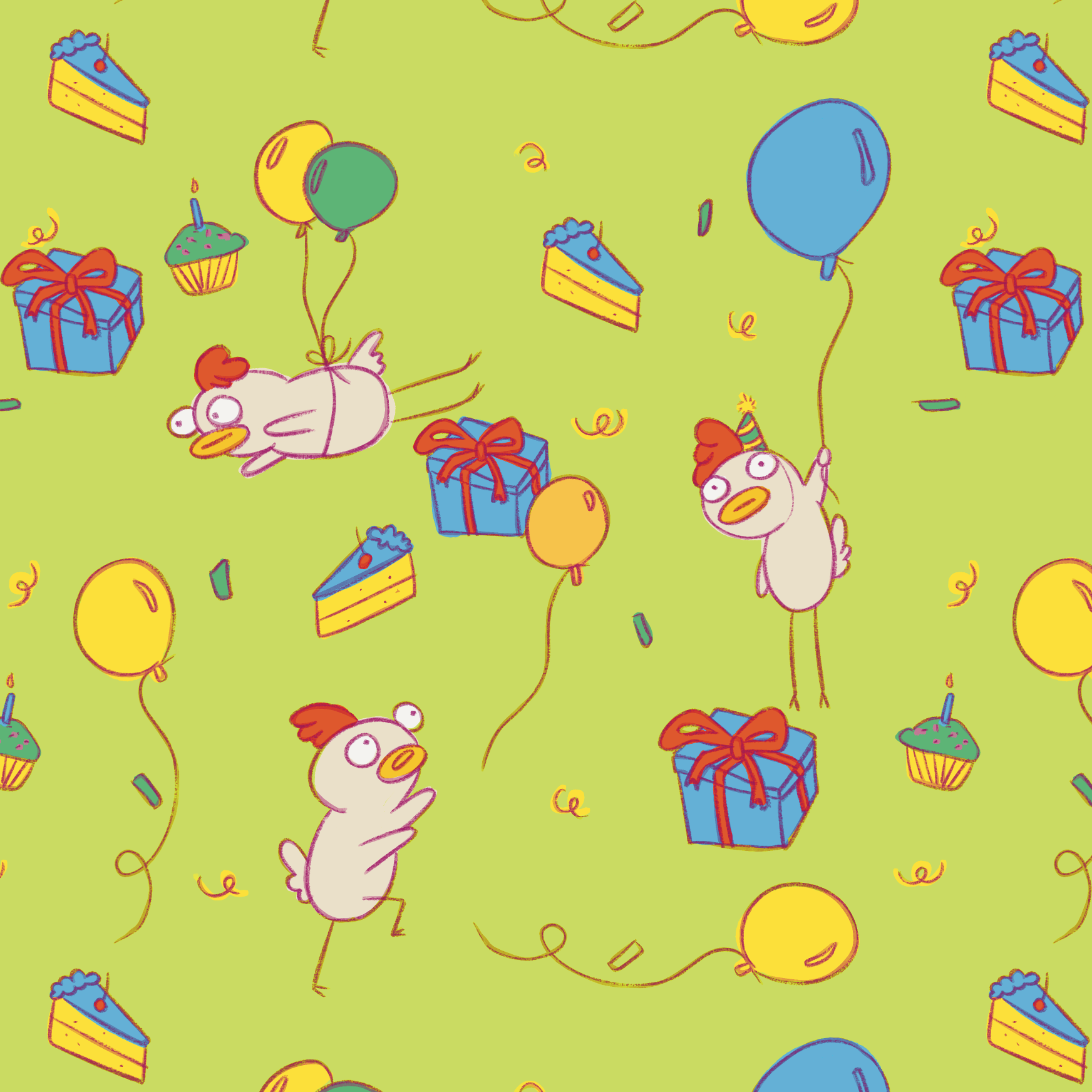 Pattern of cartoon animals, balloons, and gifts on a green background