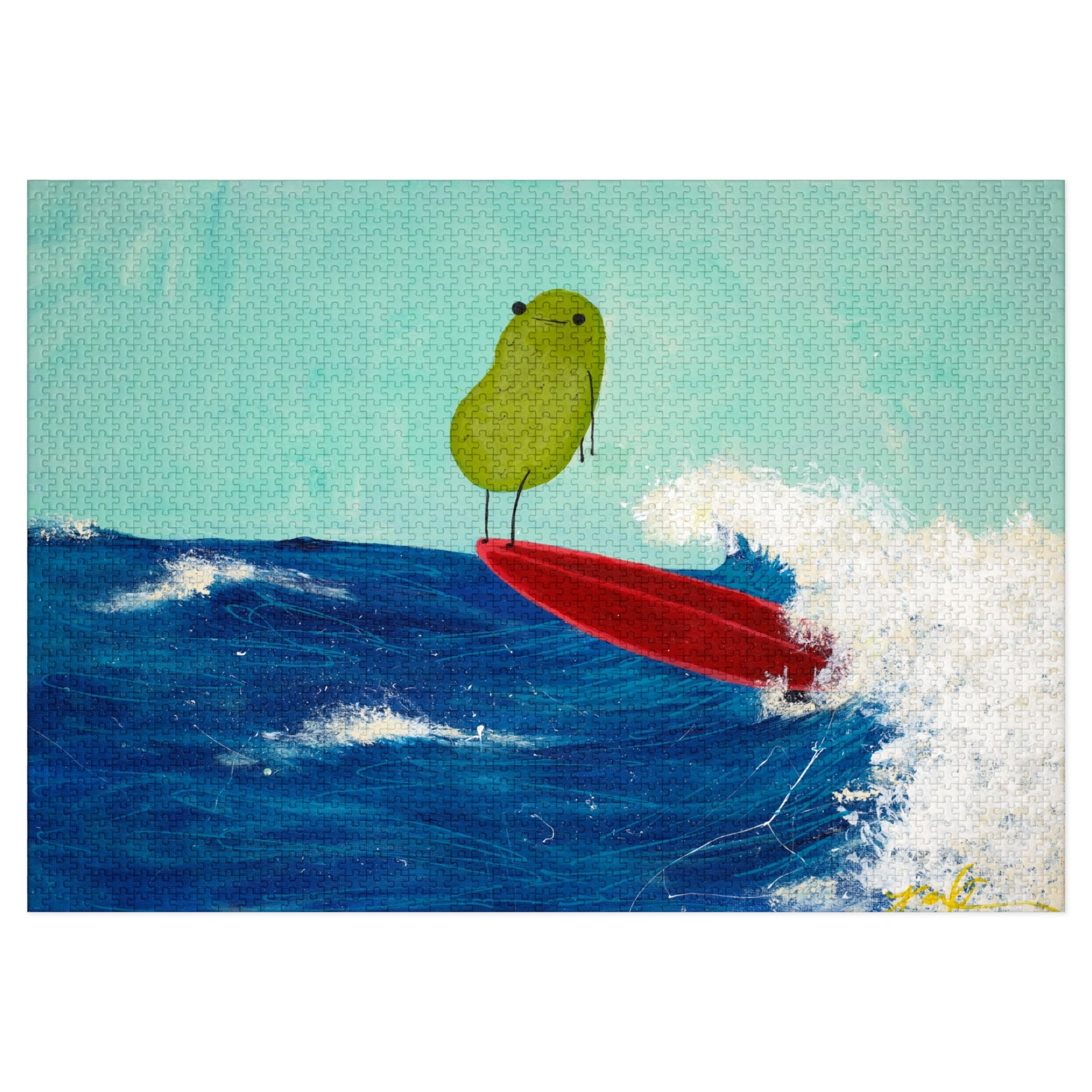 assembled 2000 piece pickle puzzle with design of a surfing pickle