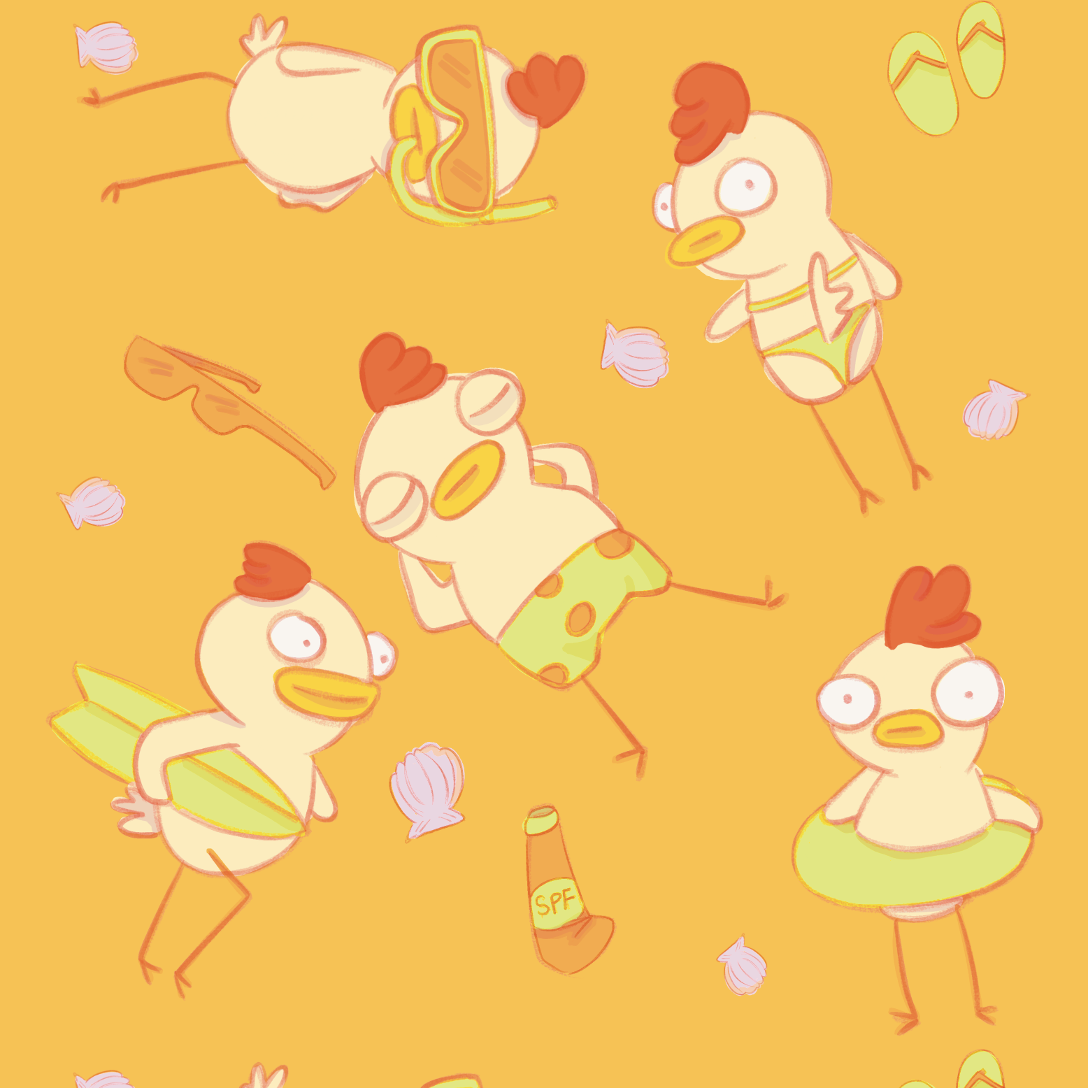 a fun summer pattern with chicken characters in beach gear