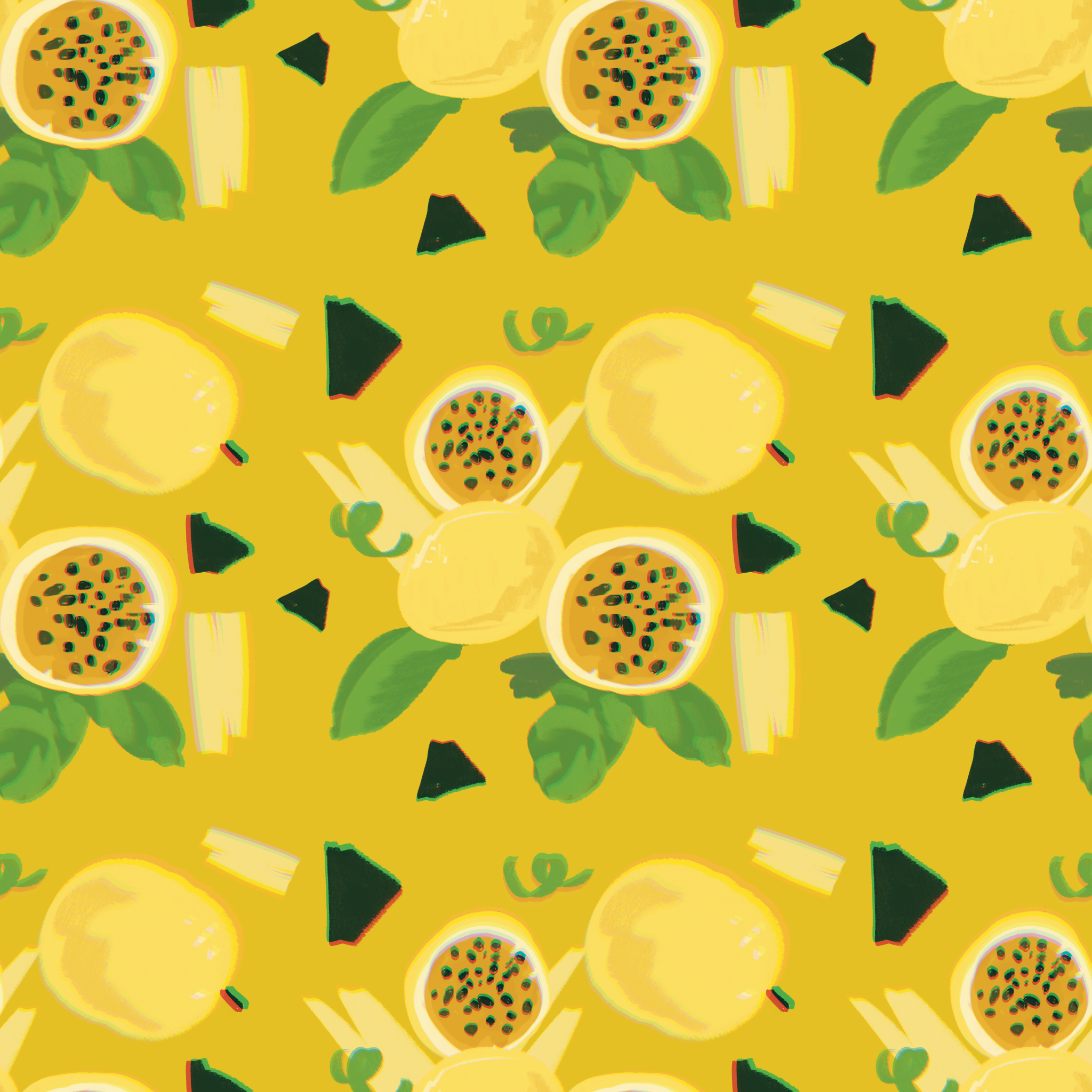 Pattern of sliced lilikoi on a yellow background