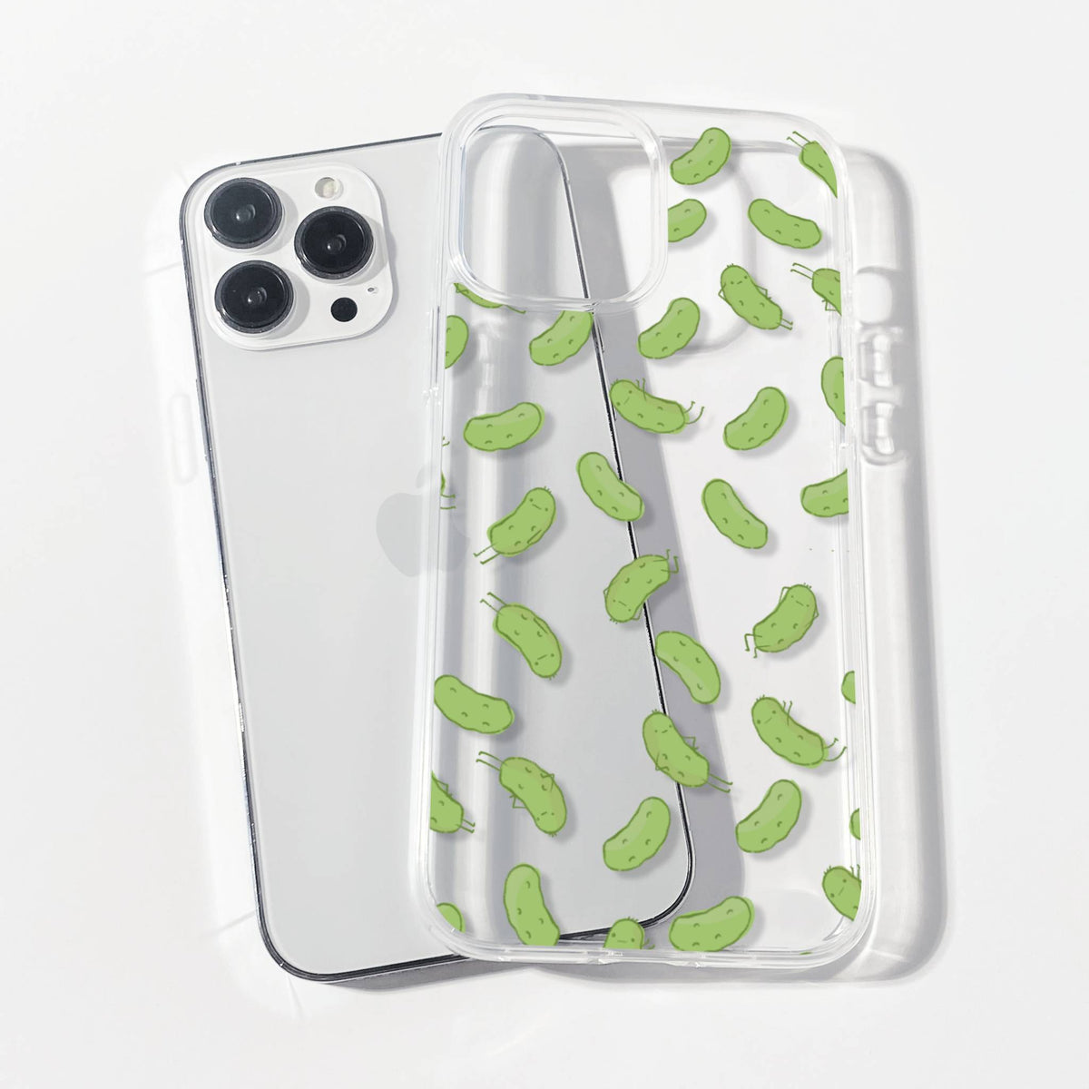 Clear phone case with cute pickle pattern