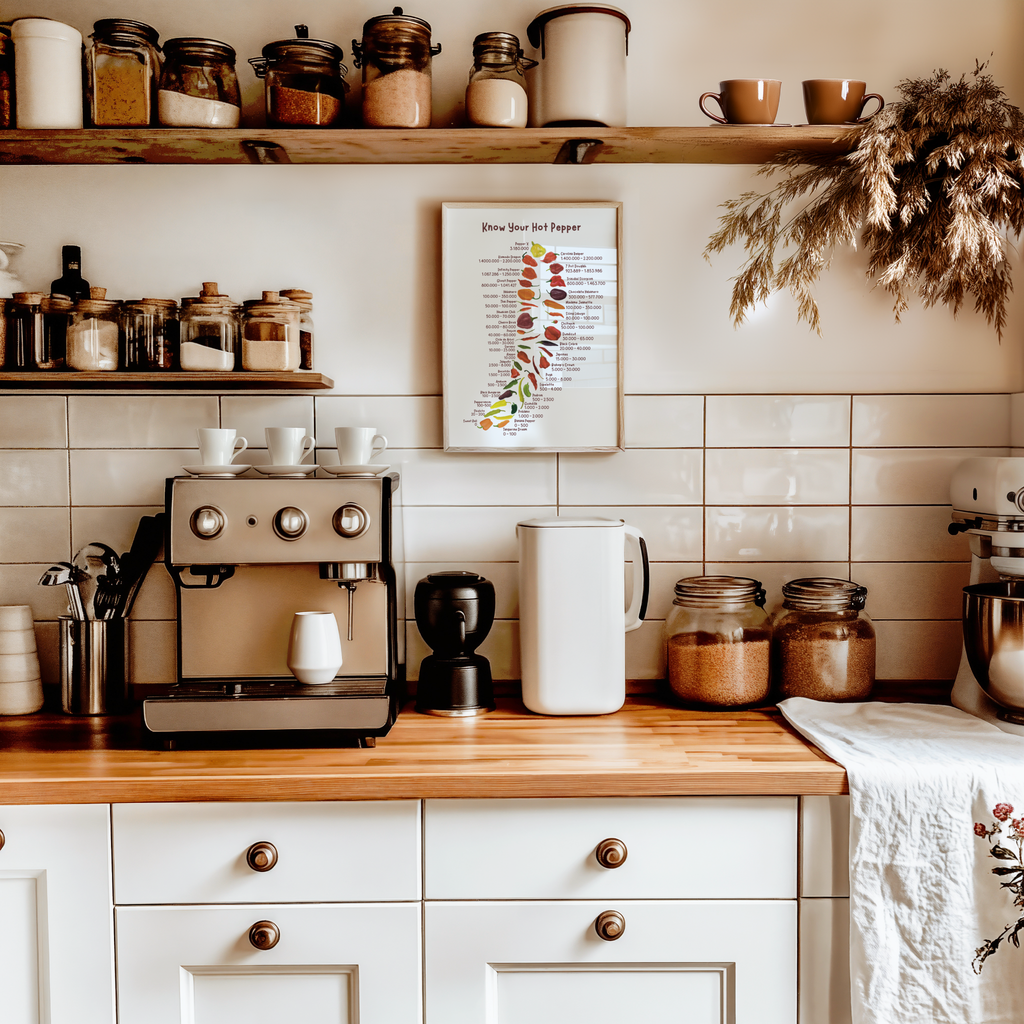 A spicy pepper art print with various chilis and their spice levels is displayed in a kitchen