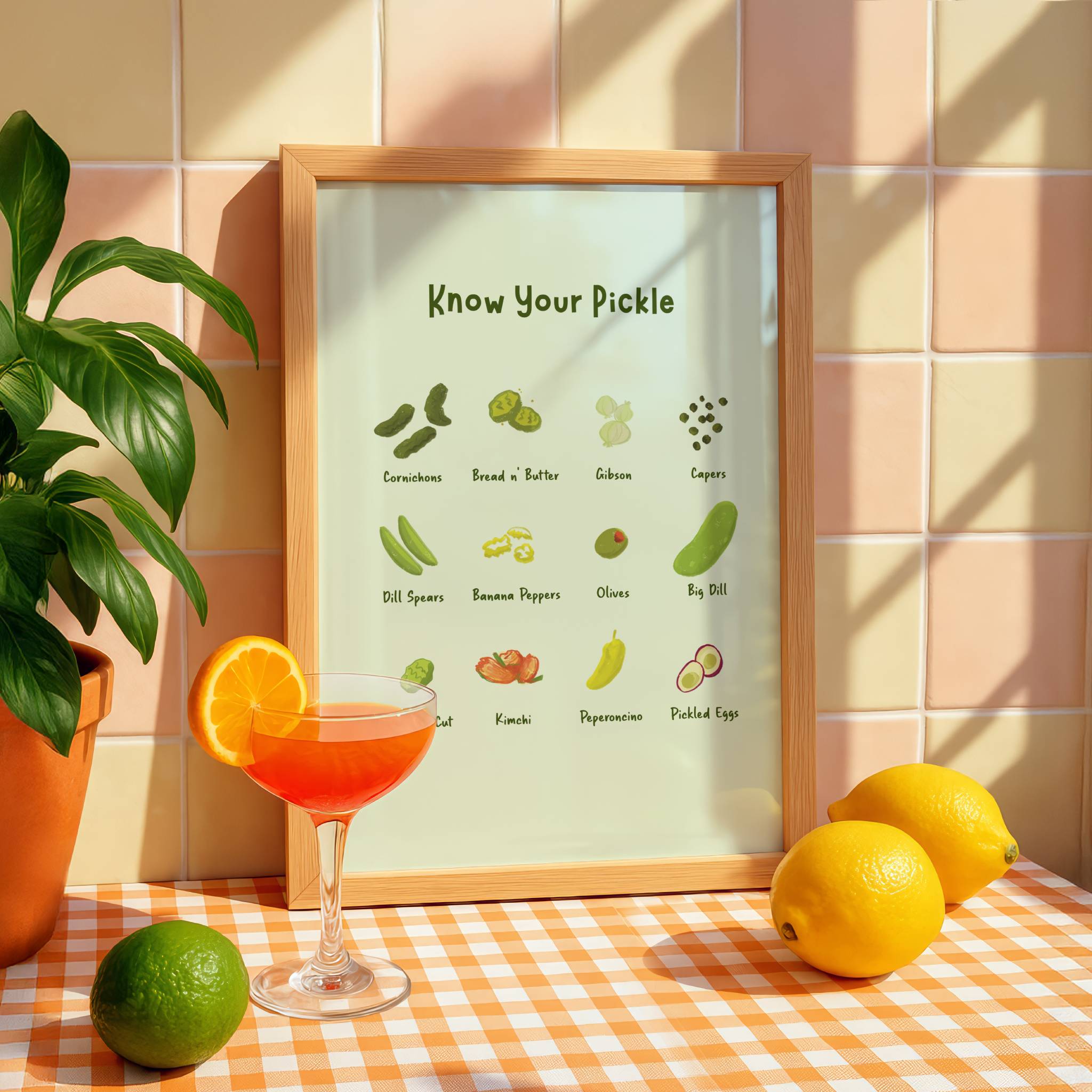 A pickle picture featuring various pickles and their names is framed in a trendy kitchen next to a house plant