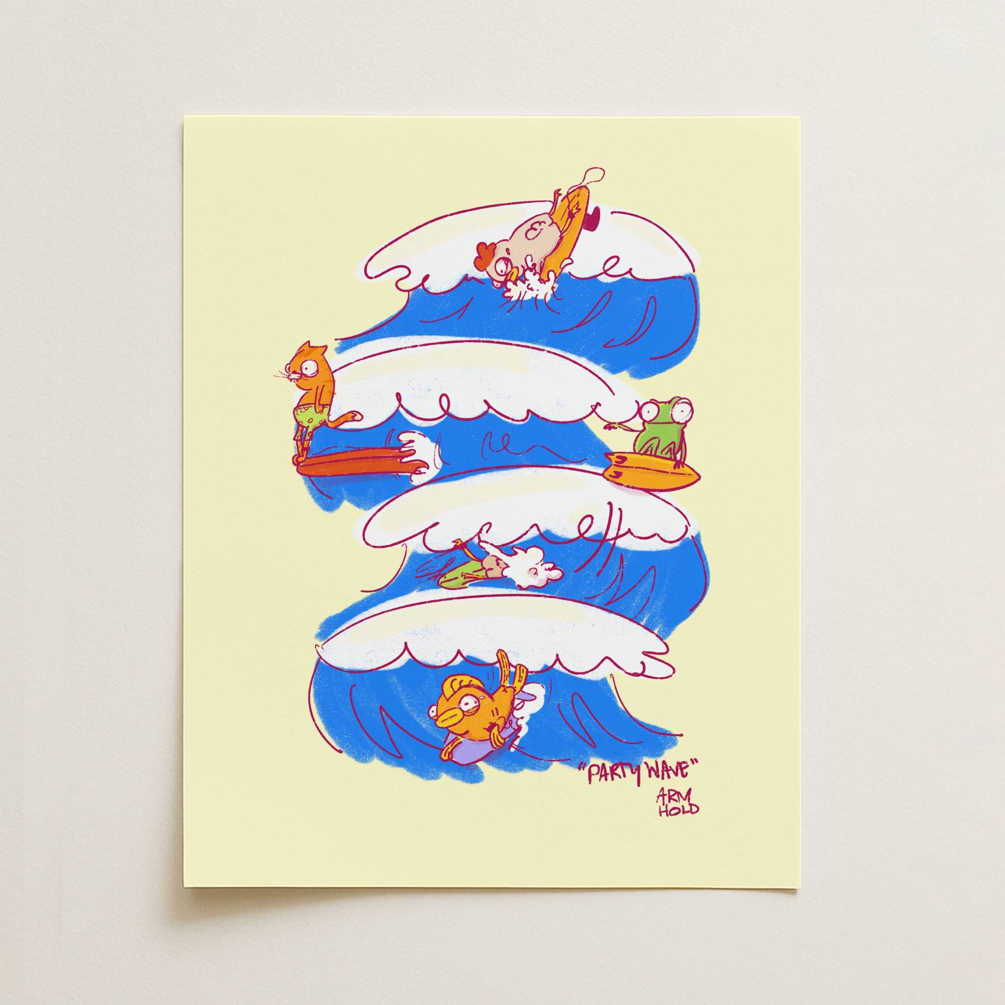Colorful illustration of animals surfing at a crowded surf break 