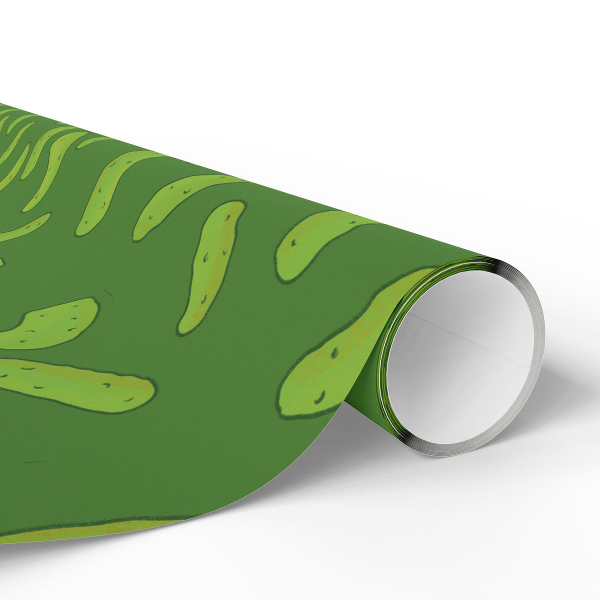dill pickle wrapping paper that features a pattern of dill pickles over a dark green background is shown on a roll over a white background