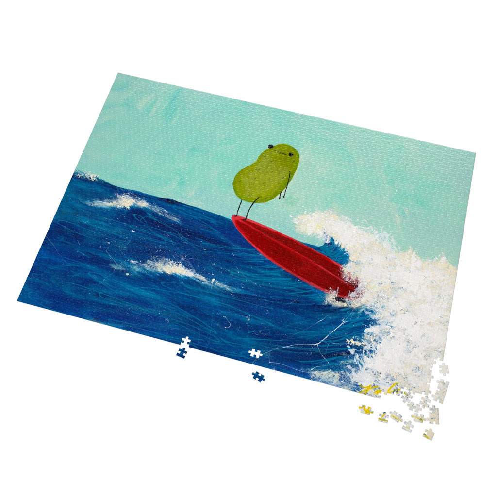 Puzzle with a green pickle character on a red surfboard in blue water