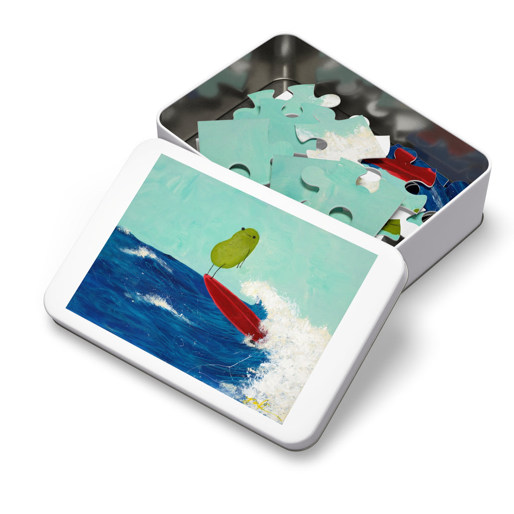 Jigsaw puzzle with a pikle design in a metal tin