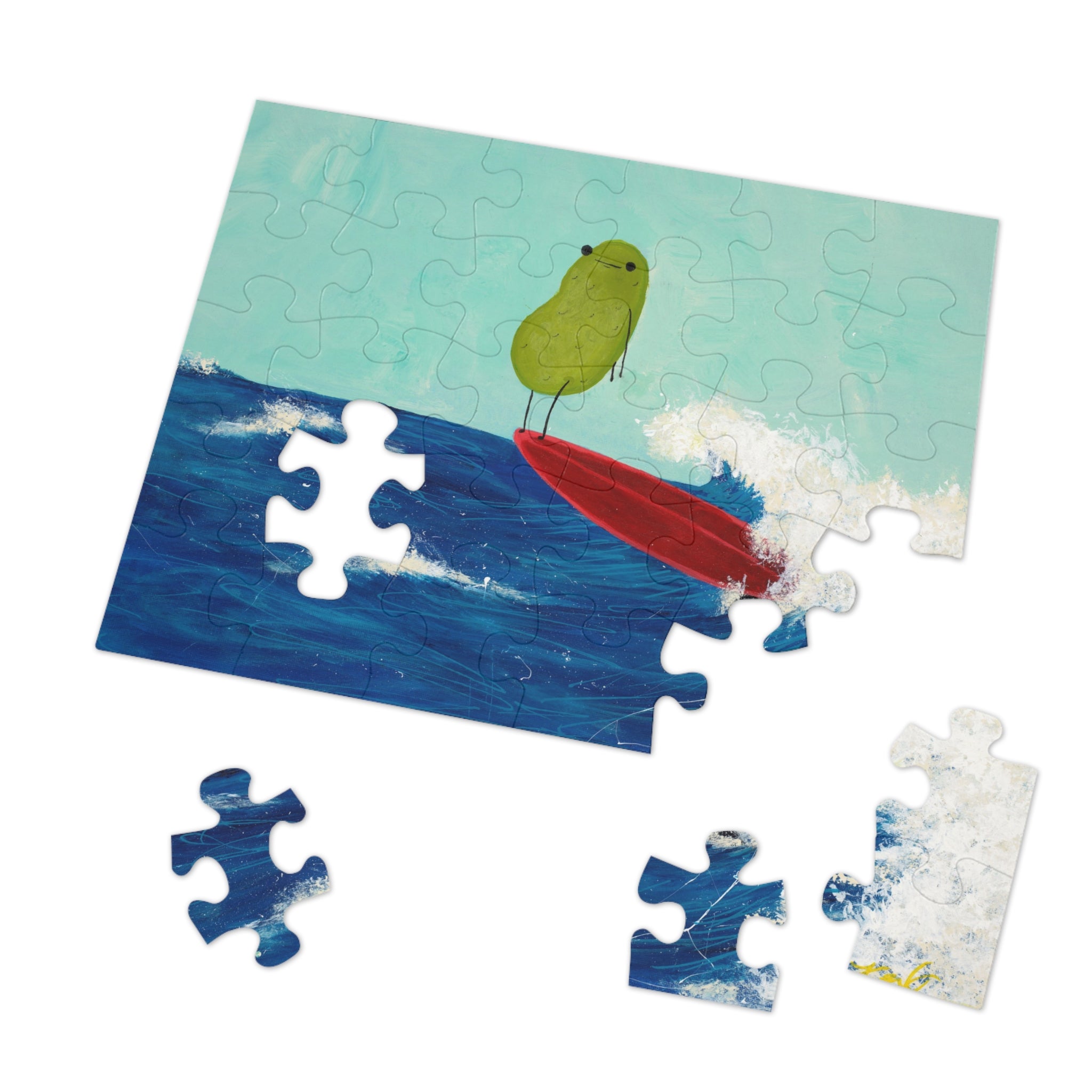 Children's puzzle with a pickle on a red surfboard design, missing pieces on a white background.