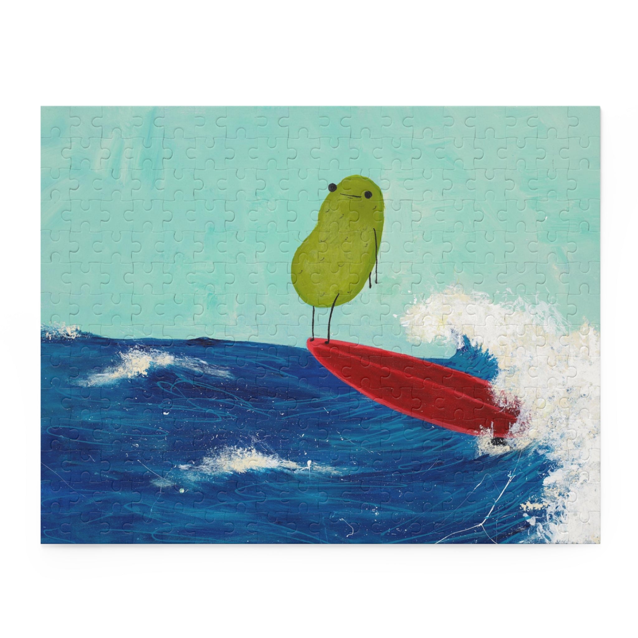 Image of a completed 252 piece jigsaw puzzle image containing a whimsical beach scene of a surfing pickle
