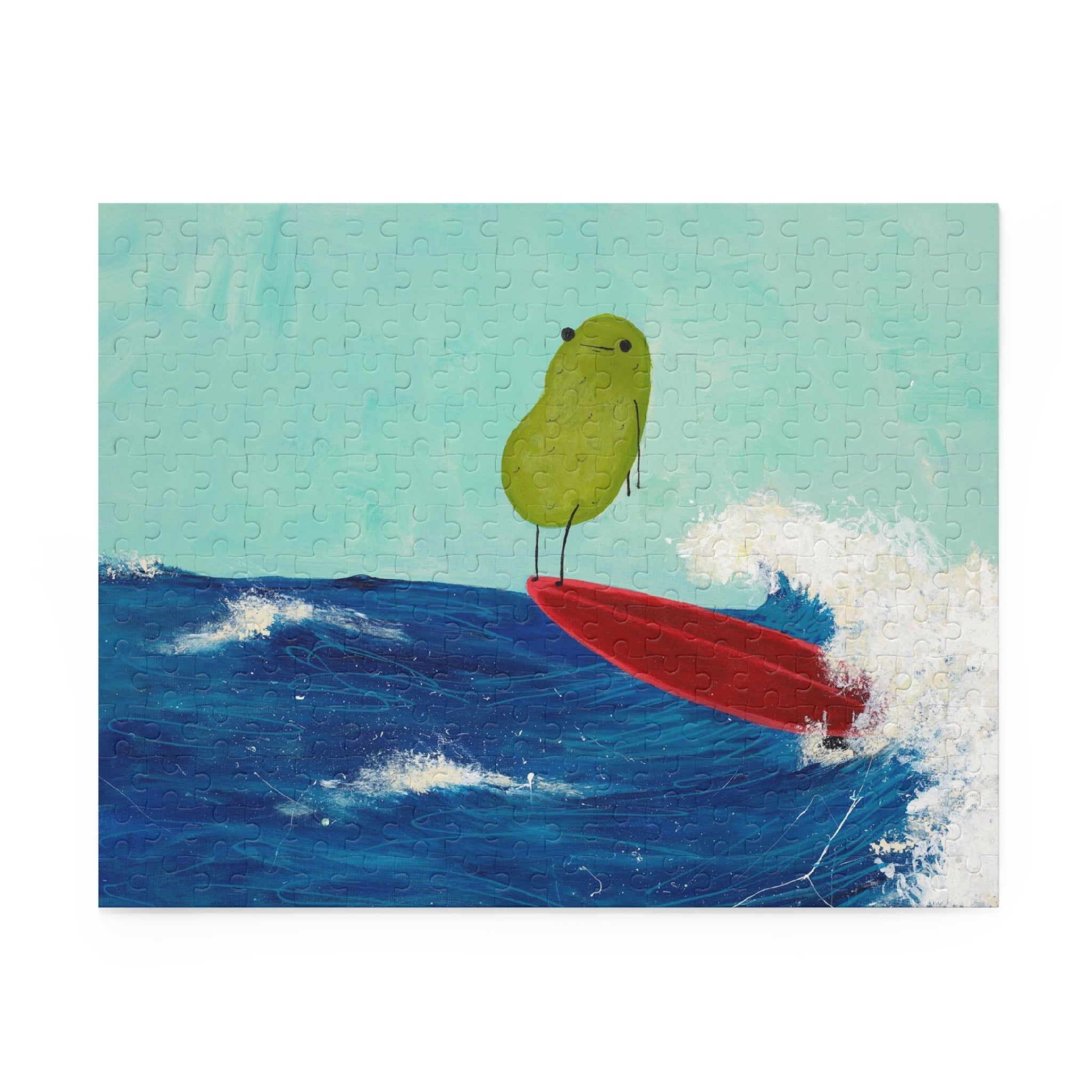 Image of a completed 252 piece jigsaw puzzle image containing a whimsical beach scene of a surfing pickle