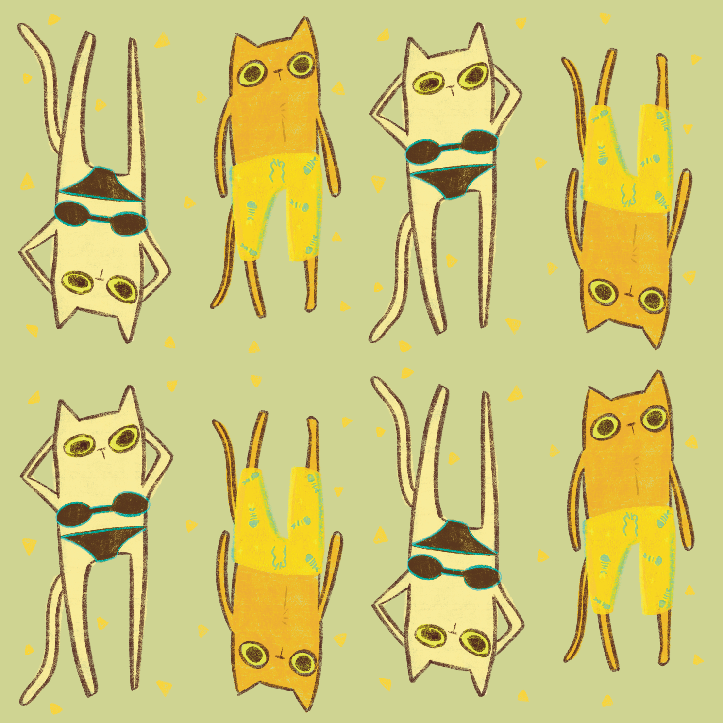 Repeating pattern of cartoon cats in various poses in swimwear on a sage green background