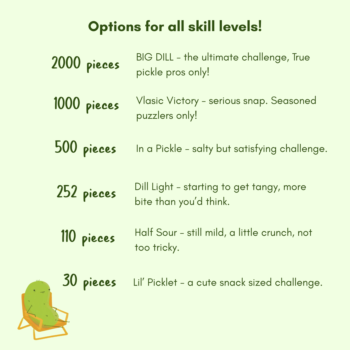 Chart detailing pickle-themed puzzle options with piece counts and descriptions on a green background.