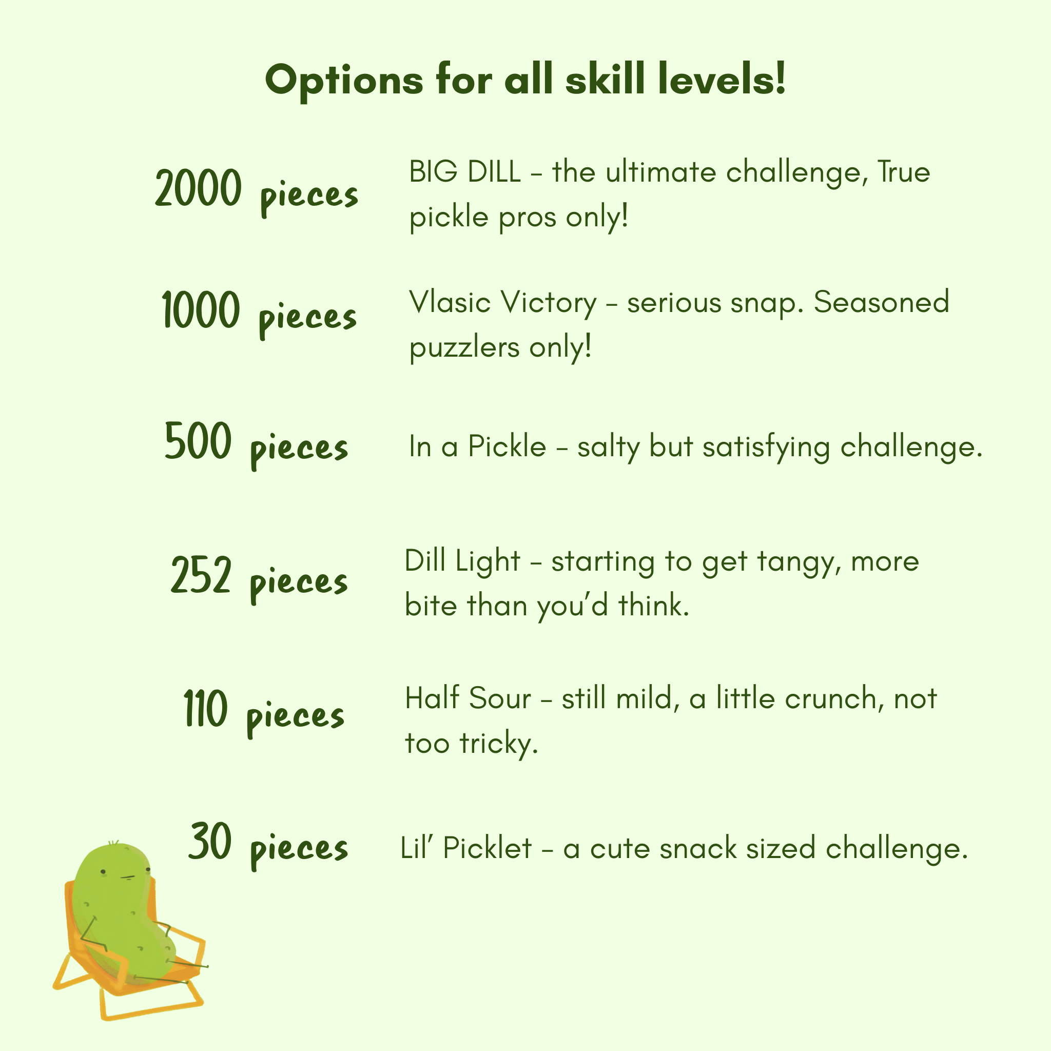 Chart detailing pickle-themed puzzle options with piece counts and descriptions on a green background.