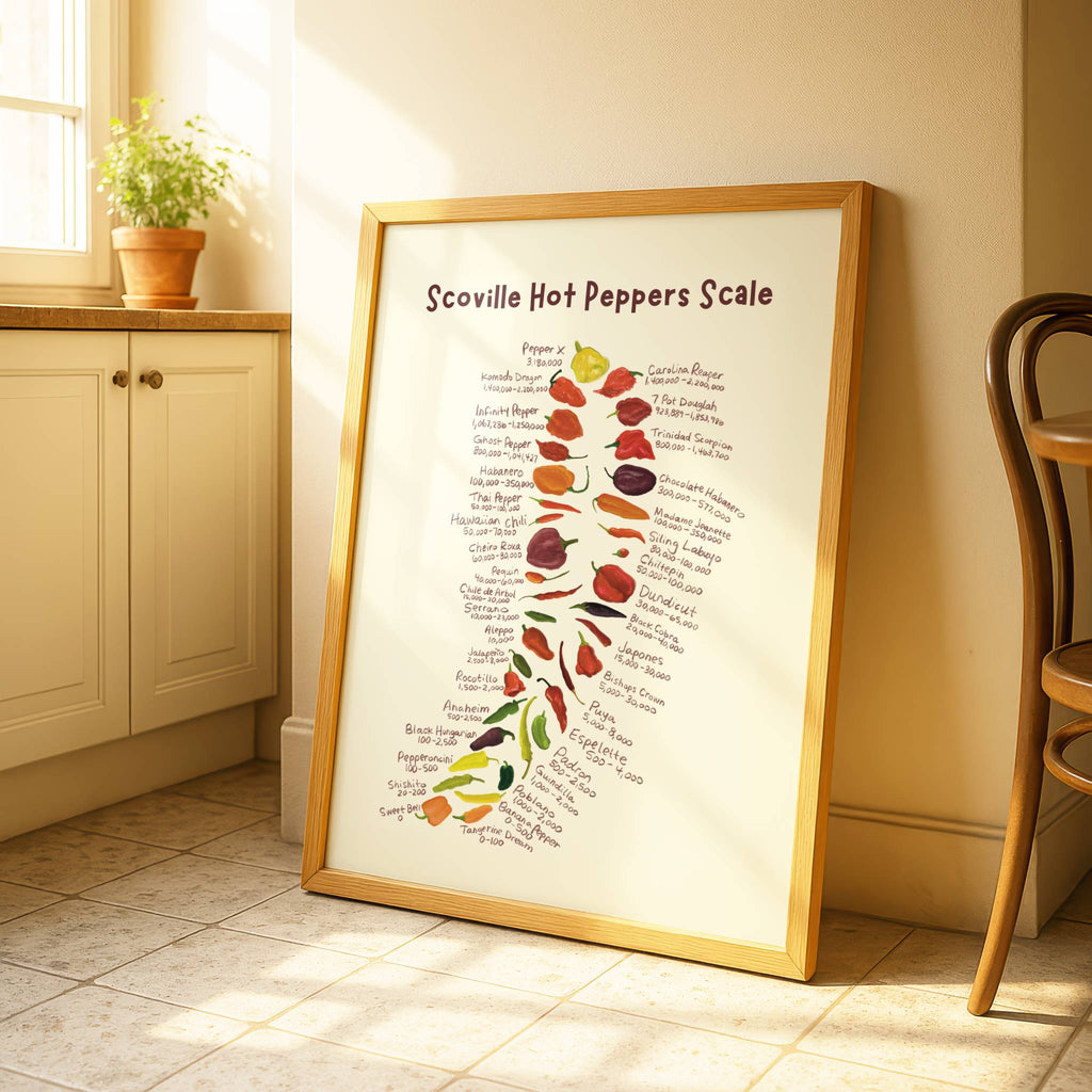A chili pepper print is displayed in a wooden frame in a brightly lit kitchen