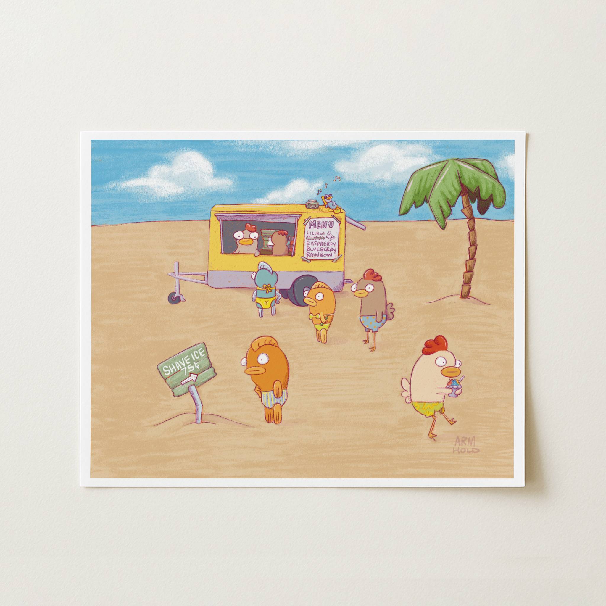 Cartoon illustration of a beach scene with a food truck and characters, framed on a white wall.