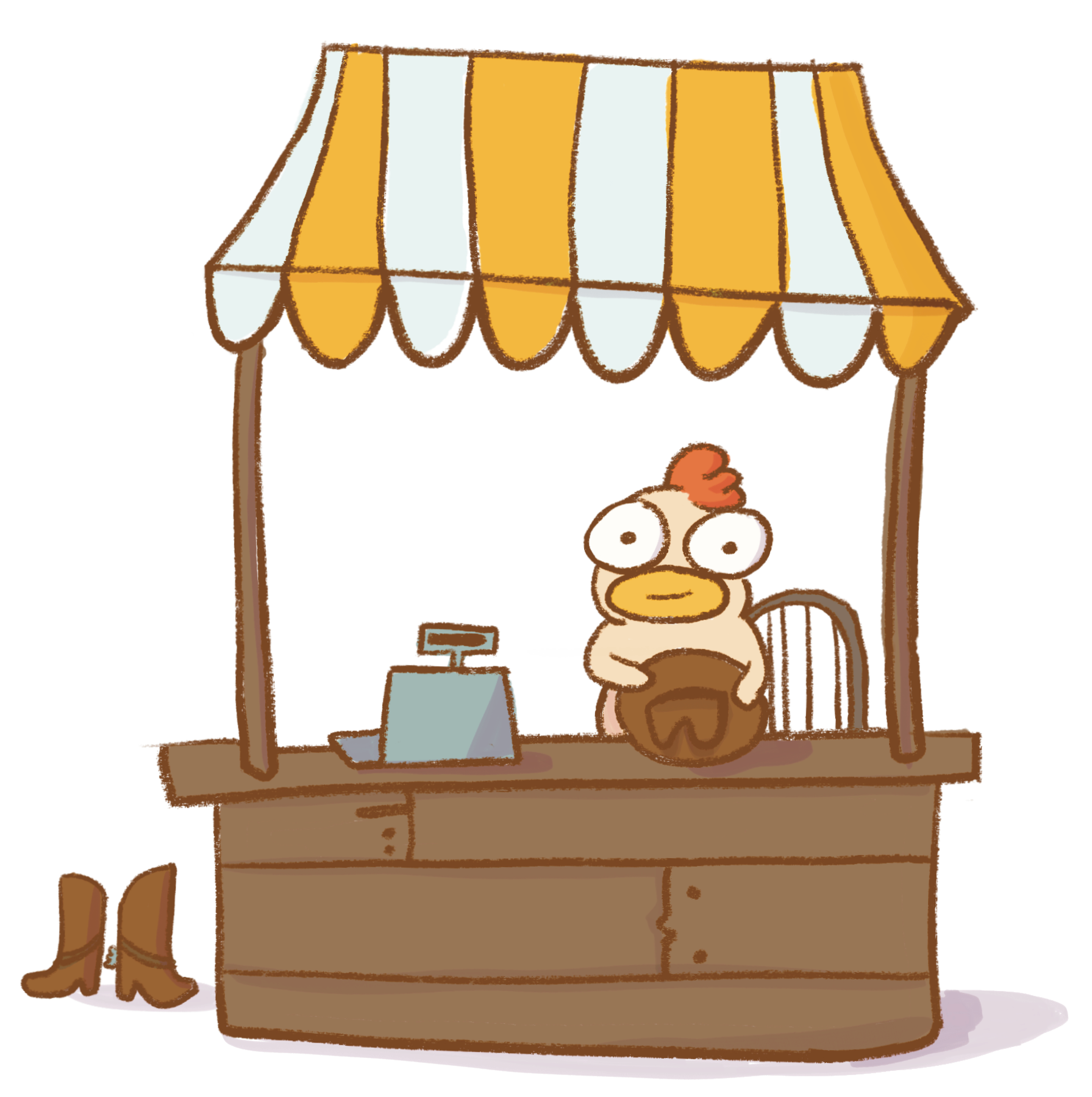 Cartoon chicken behind a small shop stand in western theme